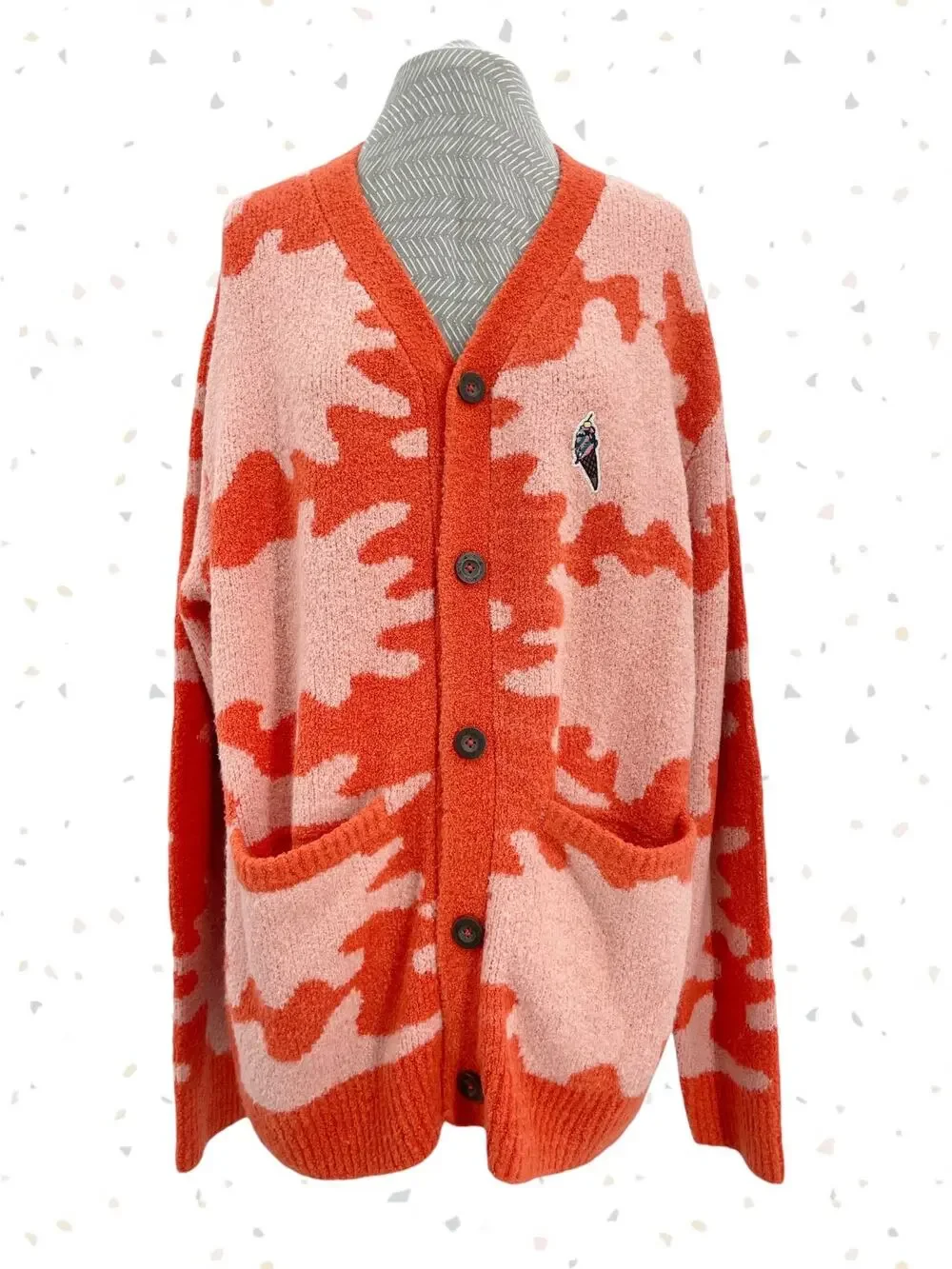 Icecream Cardigan Splat Button Down Wool Mix Sweater True Red Orange BBC Size L